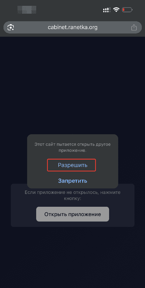 Системный диалог «Открыть в приложении?» с кнопкой «Разрешить»